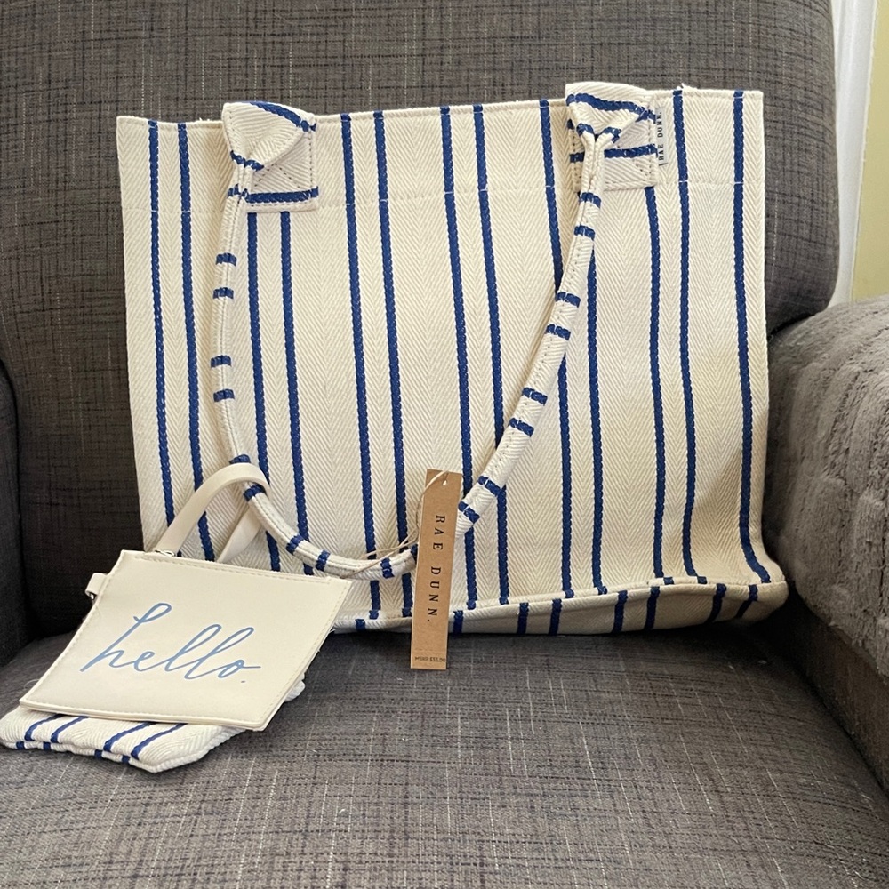 Rae Dunn Cream Tote with Blue Stripes and 'hello' Pouch